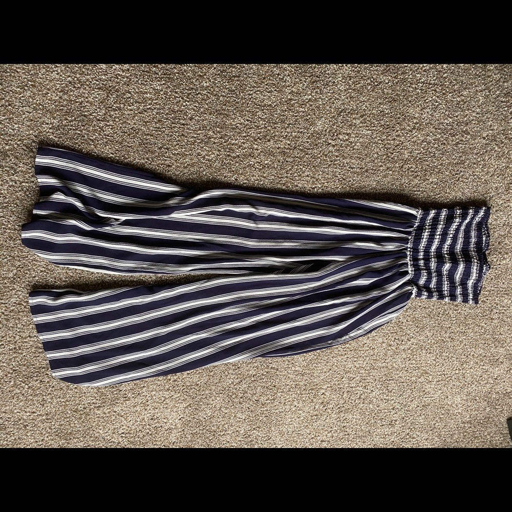 Navy blue and white striped romper